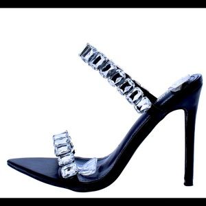 Jeweled Black & Clear Pointed toe mules